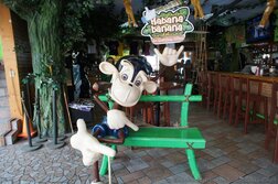 Monkey smoking cigar statue on bench at Habana Banana restaurant La Bufadora.jpg
